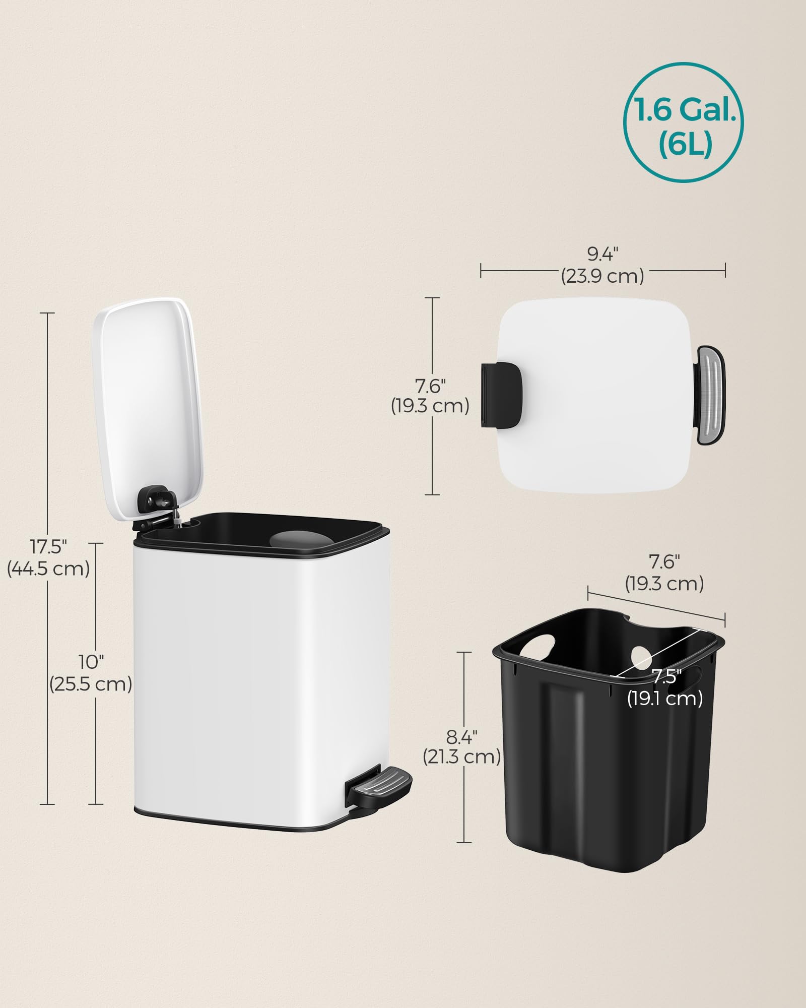 SONGMICS Kitchen Bin, 8-Gallon (30 L) Trash Bin, Steel Pedal Bin, with Inner Bucket, Soft Close and Stays Open, Ink Black LTB593B02