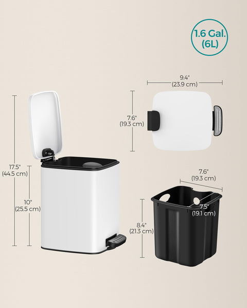 SONGMICS Kitchen Bin, 8-Gallon (30 L) Trash Bin, Steel Pedal Bin, with Inner Bucket, Soft Close and Stays Open, Metallic Silver LTB593E01