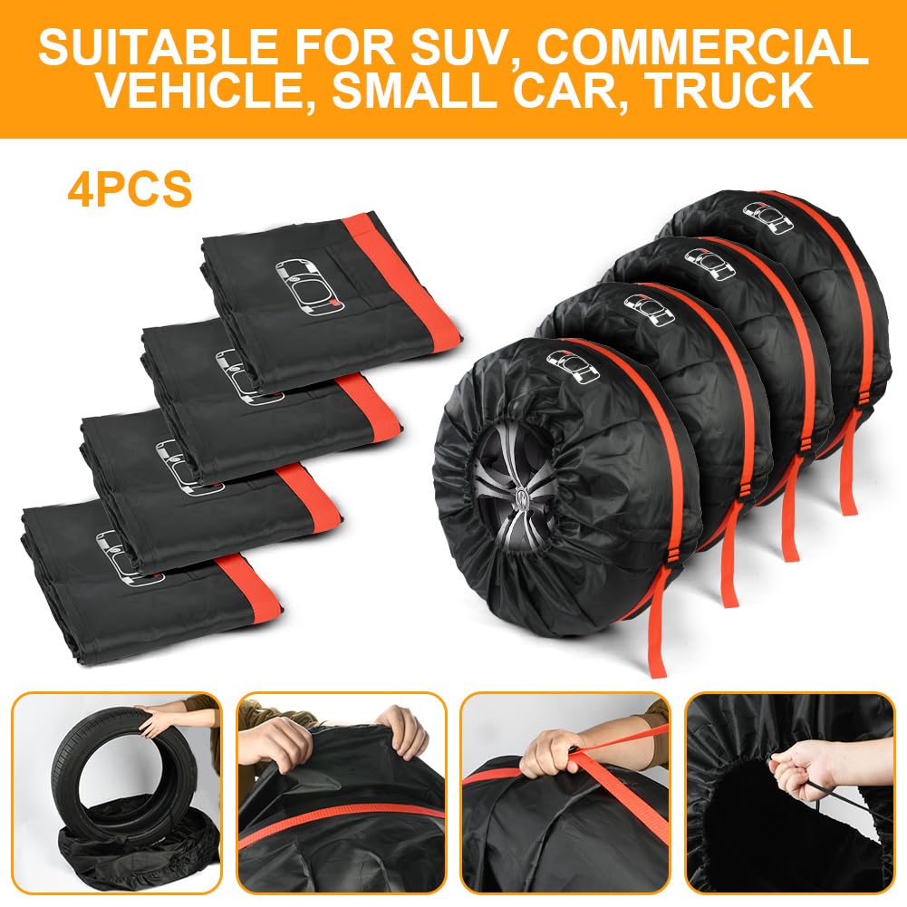 Car Spare Tire Covers 4 Pack, 13-18 IN Tyre Bag Set, Diameter 66cm Wheel Protection Cover, Tyre Bags with Handle, Waterproof Dustproof Auto Spare Tires Storage Bags for Car UV SUV Truck Black S