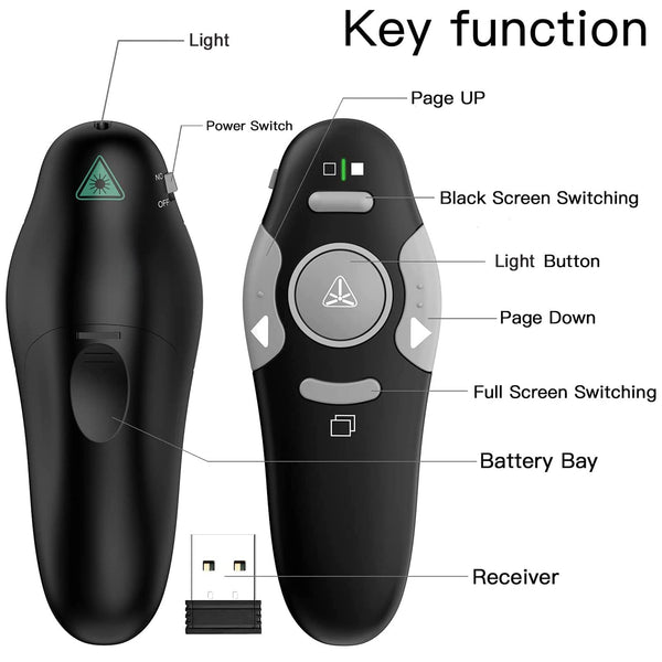 QUI Presentation Clicker Pointer, 328FT Wireless Presenter Remote PPT PowerPoint Clicker, 2.4GHz Presentation Pointer Slide Advancer for Mac, Laptop (Green Function Indicator Light)
