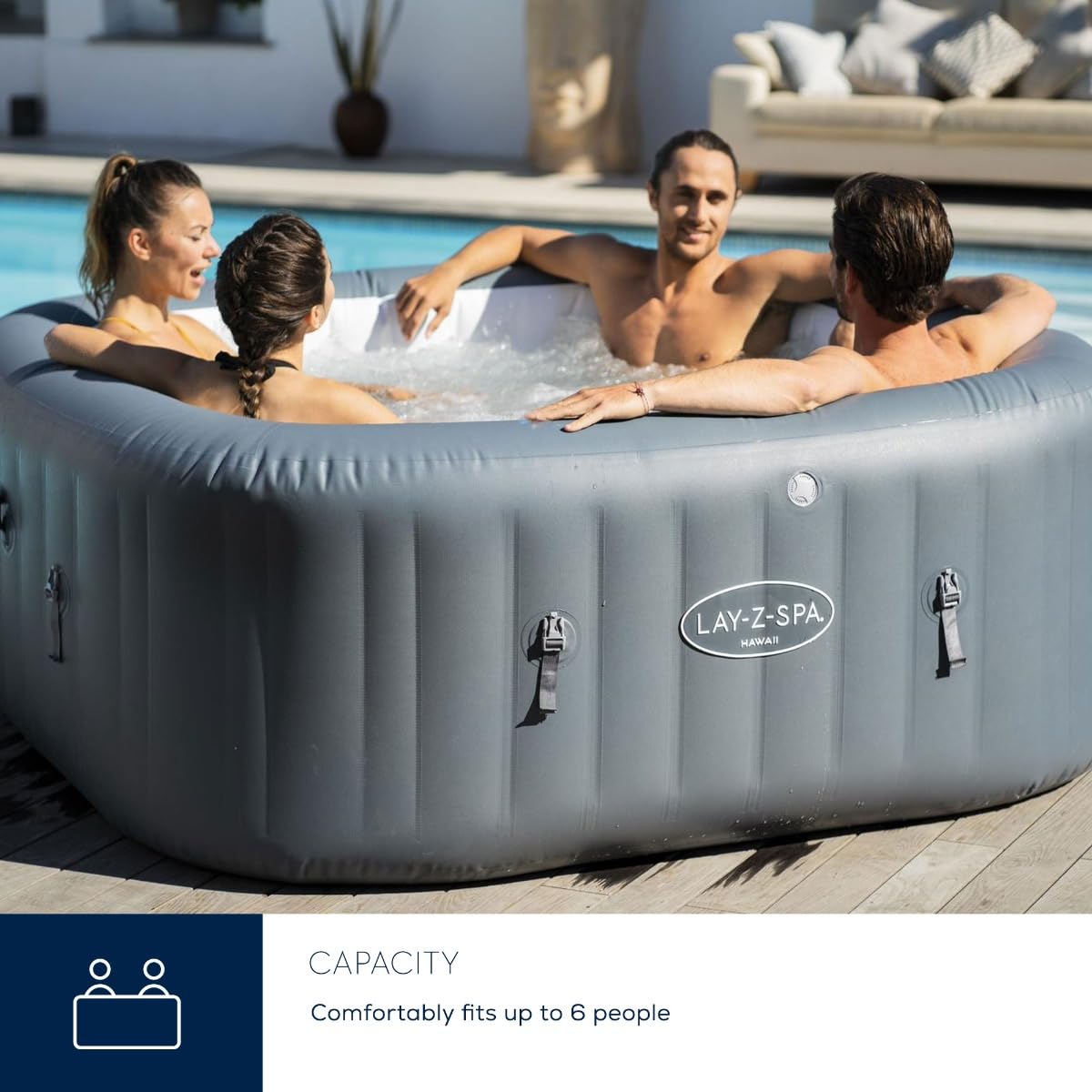 Lay-Z-Spa Santorini Pro Built in LED Light, 10 HydroJet System, Integrated Seats and Foot Massager Inflatable Hot Tub with Freeze Shield Technology, 5-7 Person, Grey