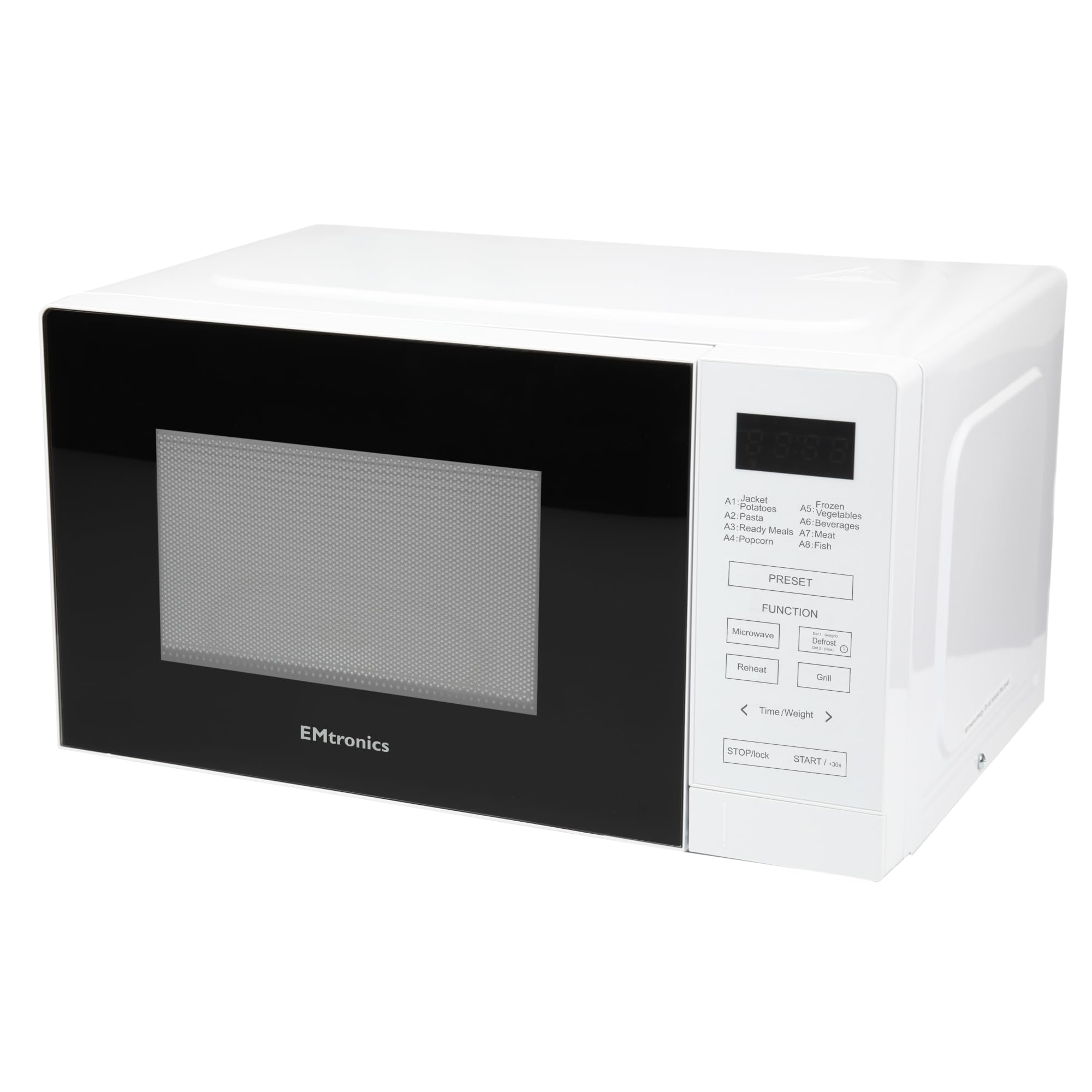 EMtronics 20 Litre 700W Digital Microwave with 800w Grill, 10 Power Levels, 8 Preset Options, Defrost Function and Cavity Light - White
