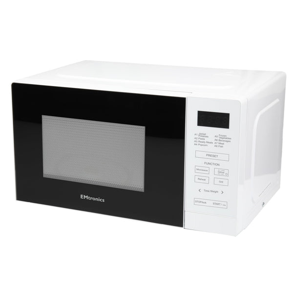EMtronics 20 Litre 700W Digital Microwave with 800w Grill, 10 Power Levels, 8 Preset Options, Defrost Function and Cavity Light - White