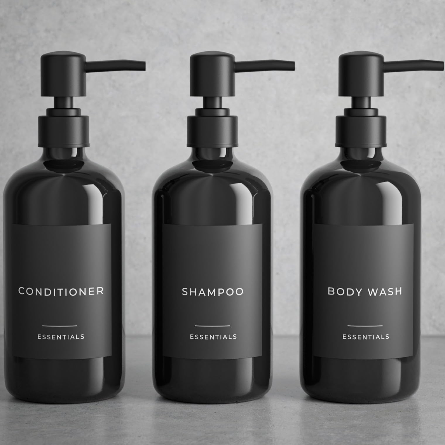 Stylish Shampoo and Conditioner Dispenser Set of 3 - Modern 21oz Shower Soap Bottles with Pump and Labels - Easy to Refill Body Wash Dispensers for an