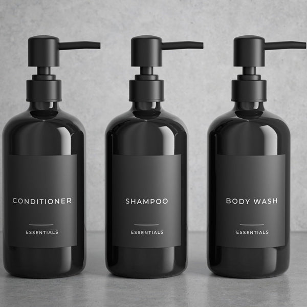 Stylish Shampoo and Conditioner Dispenser Set of 3 - Modern 21oz Shower Soap Bottles with Pump and Labels - Easy to Refill Body Wash Dispensers for an