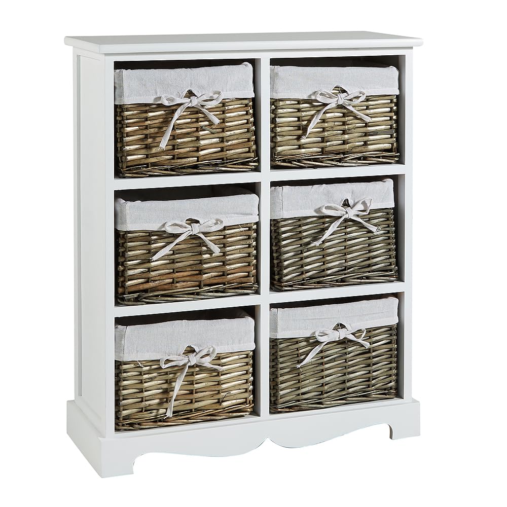 Home Source Bedroom Wooden Storage Unit, Woven Willow Wicker Baskets, 6 Drawer Wide Cabinet Chest, White