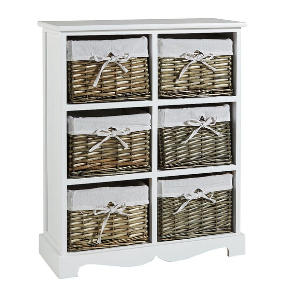 Home Source Bedroom Wooden Storage Unit, Woven Willow Wicker Baskets, 6 Drawer Wide Cabinet Chest, White