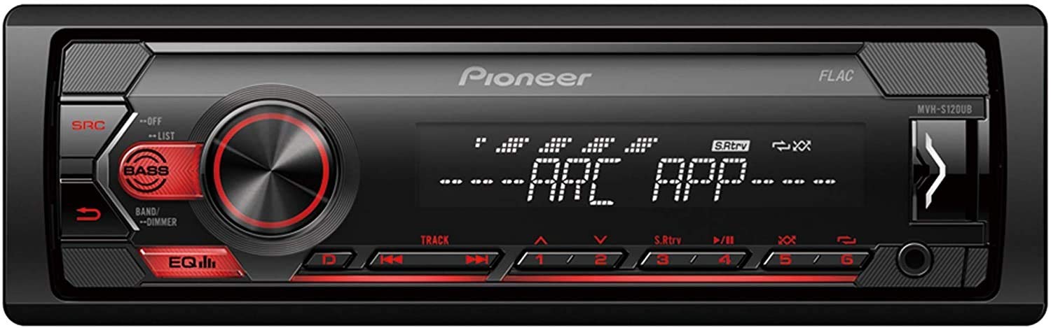 Pioneer MVH-S320BT 1-DIN receiver with Bluetooth, Red illumination, USB, Spotify, Pioneer Smart Sync App and compatible with Android devices.