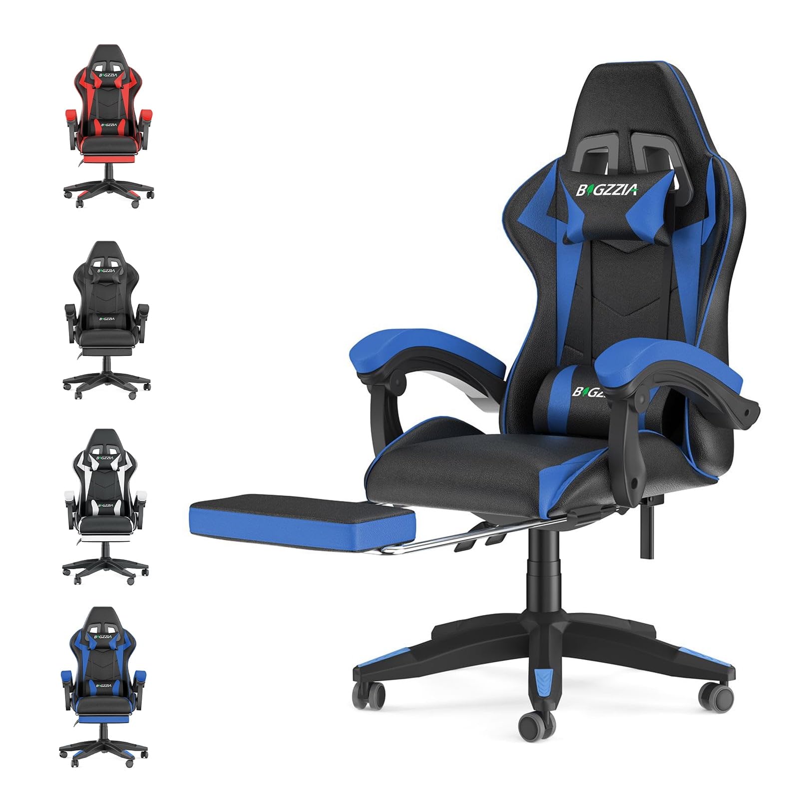 bigzzia Ergonomic Gaming Chair - Gamer Chairs with Lumbar Cushion + Headrest, Height-Adjustable Office & Computer Chair for Adults (without footrest, White)