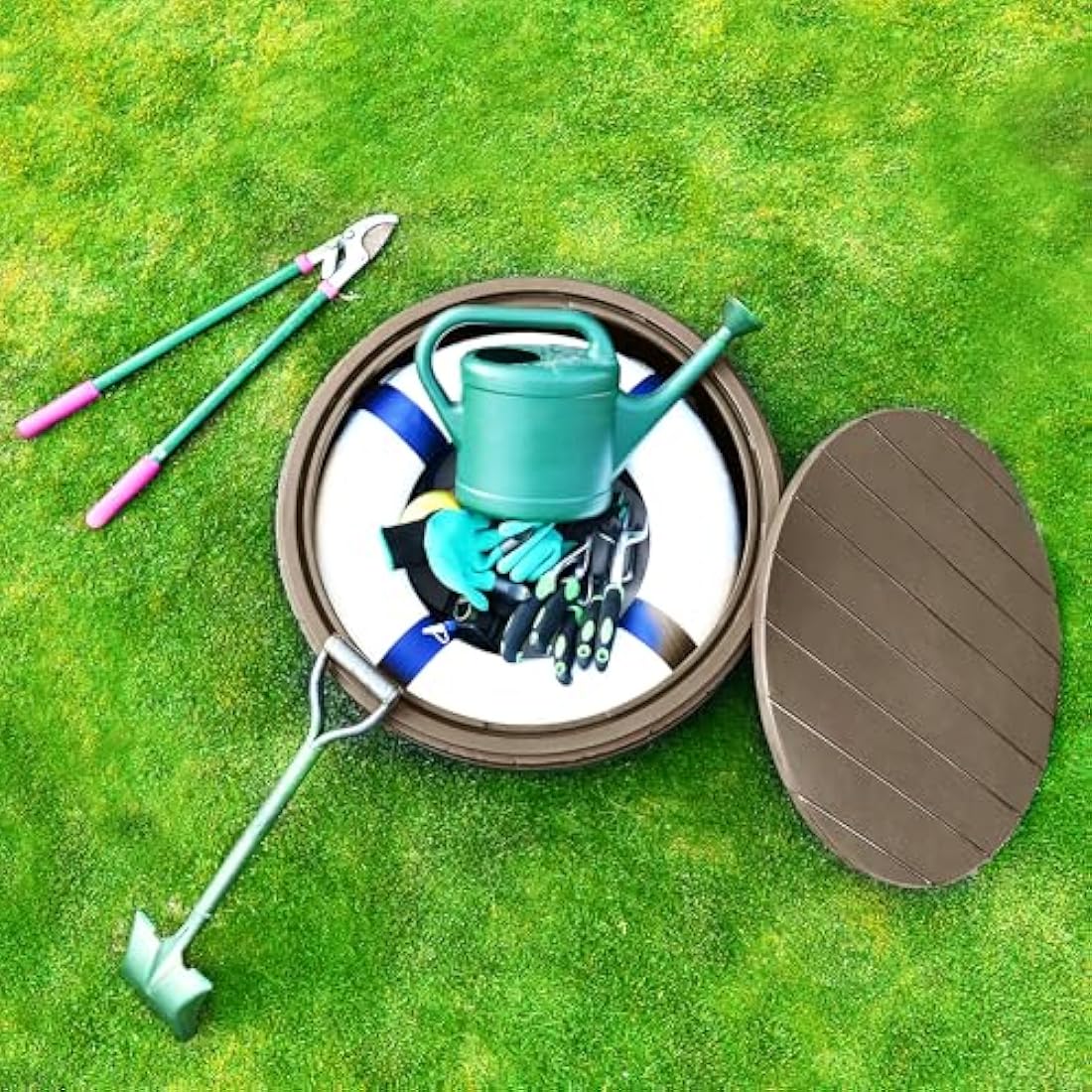 YITAHOME 127L Garden Storage Box, Waterproof Large Outdoor Storage Box, Round All-weather Deck Boxes for Patio Furniture, Pool Accessories, Easy Assembly Lightweight, Light Brown, 67 x 67 x 44cm