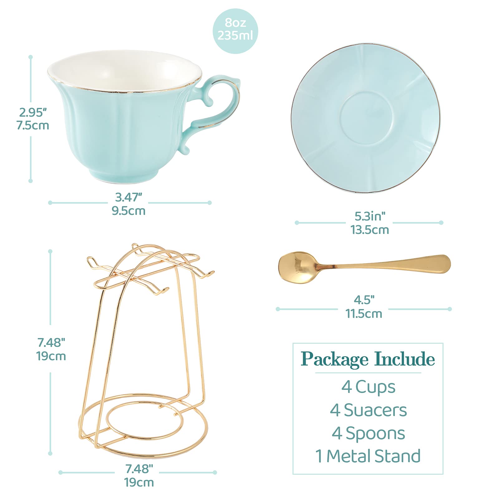 DUJUST Tea Cups and Saucers Set of 4 (8 OZ), Candy Color Tea Cup Set with Golden Trim, Petal Edge Coffee Cups with Metal Stand, Simple Style Porcelain