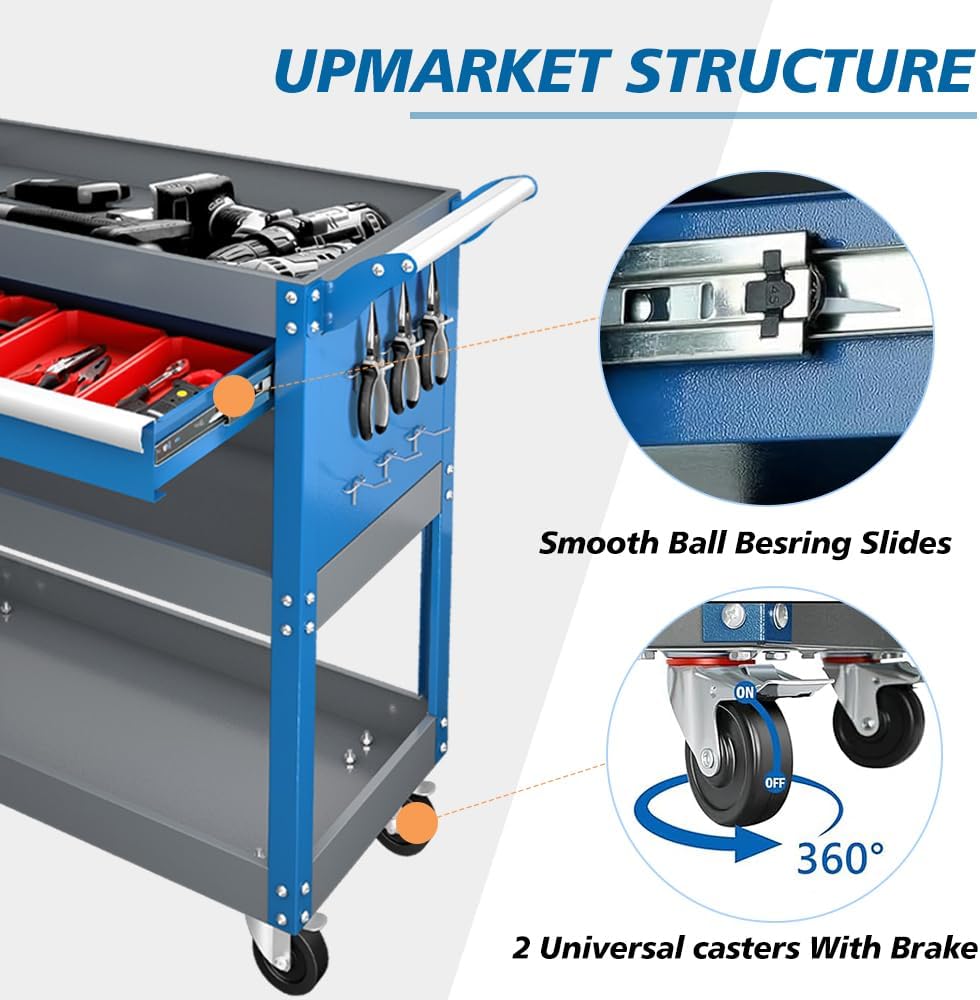 AIRAJ 3-Layer Tool Trolley,78 * 35 * 70cm Heavy Duty Tool Trolley, Metal Tool Cart with large Lockable Drawer and Rack,Work Trolley for Transport Tools,Load Capacity 200KG,Can Hold Heavy Equipment