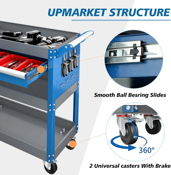 AIRAJ 3-Layer Tool Trolley,78 * 35 * 70cm Heavy Duty Tool Trolley, Metal Tool Cart with large Lockable Drawer and Rack,Work Trolley for Transport Tools,Load Capacity 200KG,Can Hold Heavy Equipment