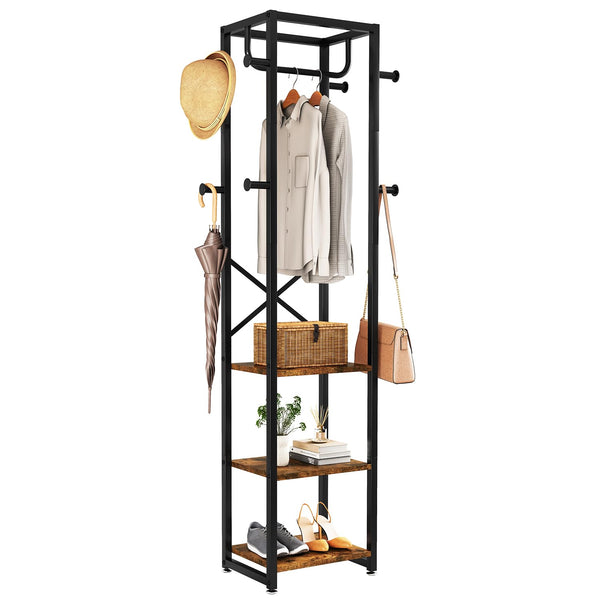 IBUYKE Coat Rack, Freestanding Coat Stand with 3 Shelves and 8 Hooks, Industrial Clothes Stand for Entryway, Hallway, Bedroom, 180 x 40 x 30 cm,