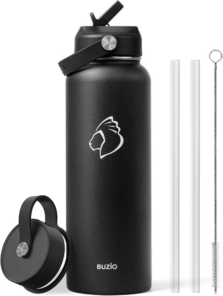 Stainless Steel Water Bottle 2L, BUZIO Vacuum Insulated Water Bottle with Straw Lid and Flex Cap Cold for 48 Hrs, Hot for 24 Hrs Double Wall Wide Mouth BPA Free Leak Proof, Black