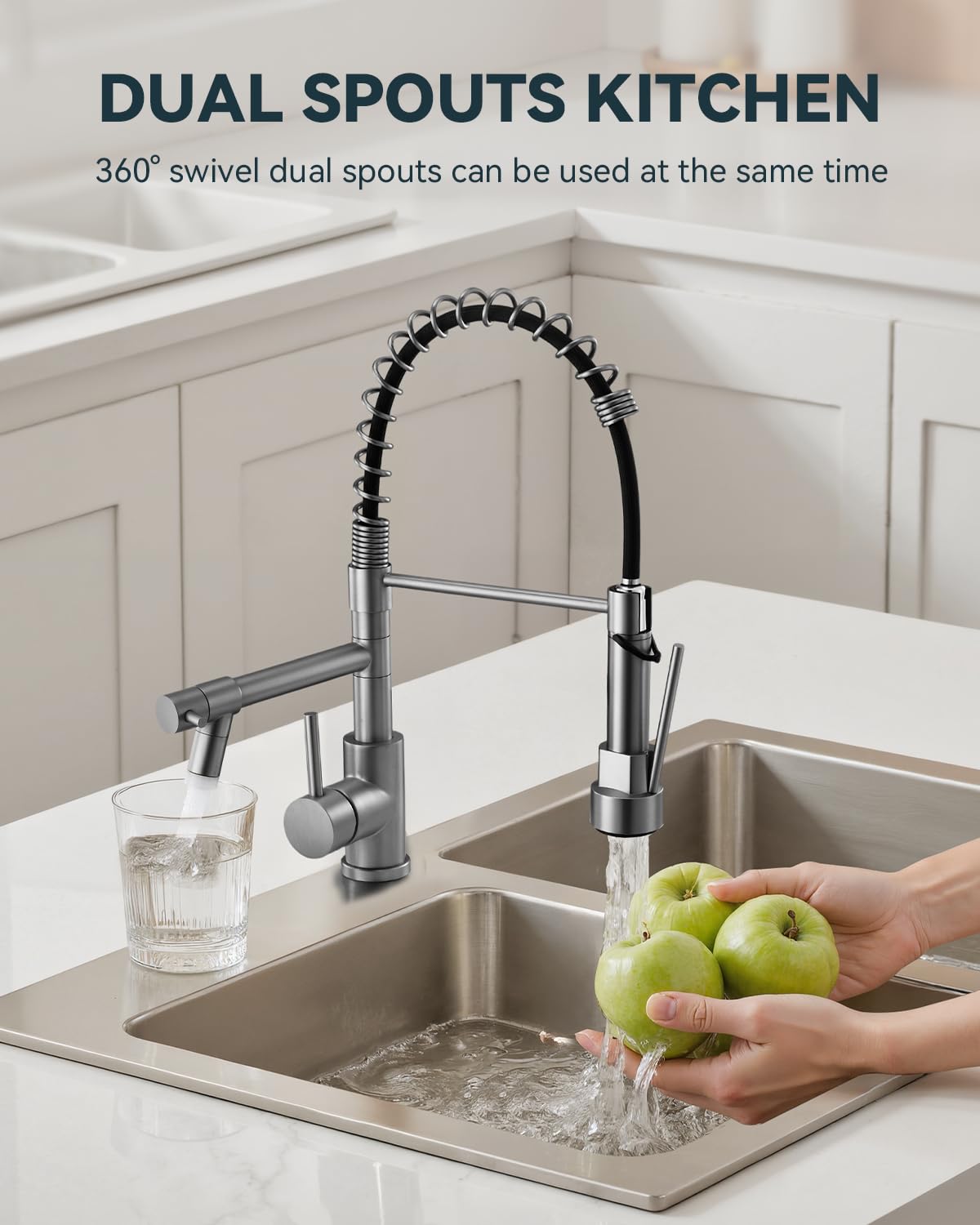 Warmiehomy 5 Modes Kitchen Taps Mixer with Pull Out Spray,High Arc 360° Swivel Dual Spout Pull Down Stainless Steel Kitchen Sink Taps,Brushed Nickel