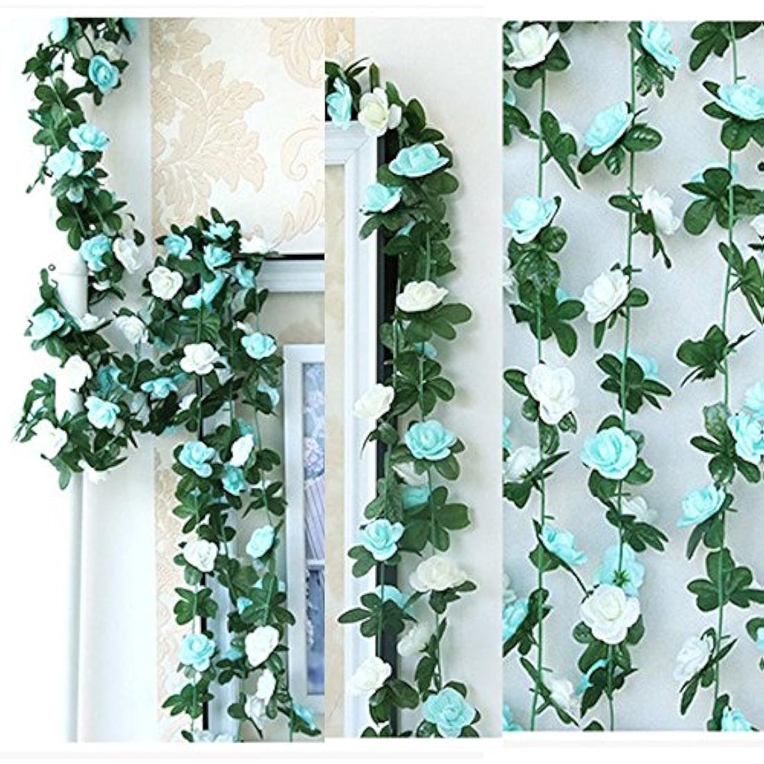 LumenTY 2 Pack 2.5 m Artificial Flower Vine Rose Garland Silk Fake Flowers Hanging Decor for Hotel Office Garden Home Party Wedding Festival Craft Art Decoration - Blue and White