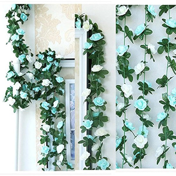LumenTY 2 Pack 2.5 m Artificial Flower Vine Rose Garland Silk Fake Flowers Hanging Decor for Hotel Office Garden Home Party Wedding Festival Craft Art Decoration - Blue and White