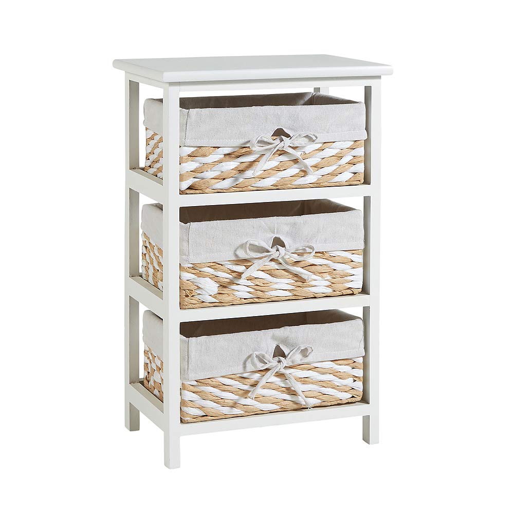 Home Source Storage Chest, Wooden Bedroom Hallway Cabinet, 3 Wicker Basket Drawers, White