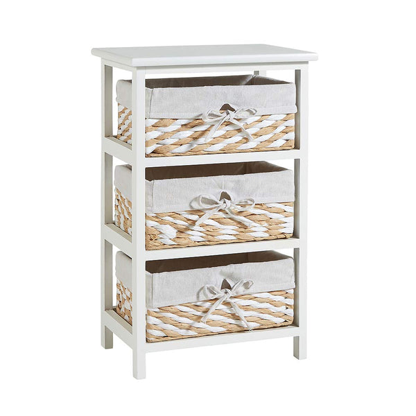 Home Source Storage Chest, Wooden Bedroom Hallway Cabinet, 3 Wicker Basket Drawers, White