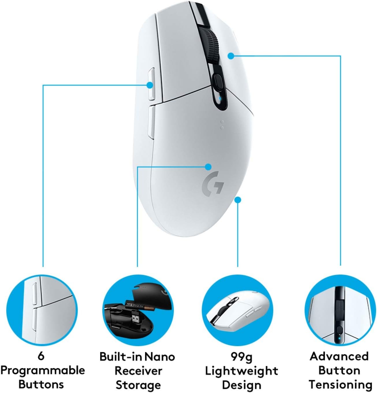 Logitech G305 LIGHTSPEED Wireless Gaming Mouse, HERO 12K Sensor, 12,000 DPI, Lightweight, 6 Programmable Buttons, 250h Battery Life, On-Board Memory, PC/Mac - White