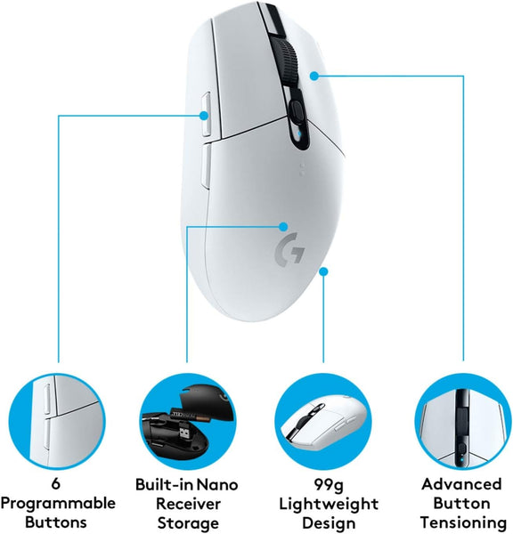 Logitech G305 LIGHTSPEED Wireless Gaming Mouse, HERO 12K Sensor, 12,000 DPI, Lightweight, 6 Programmable Buttons, 250h Battery Life, On-Board Memory, PC/Mac - White