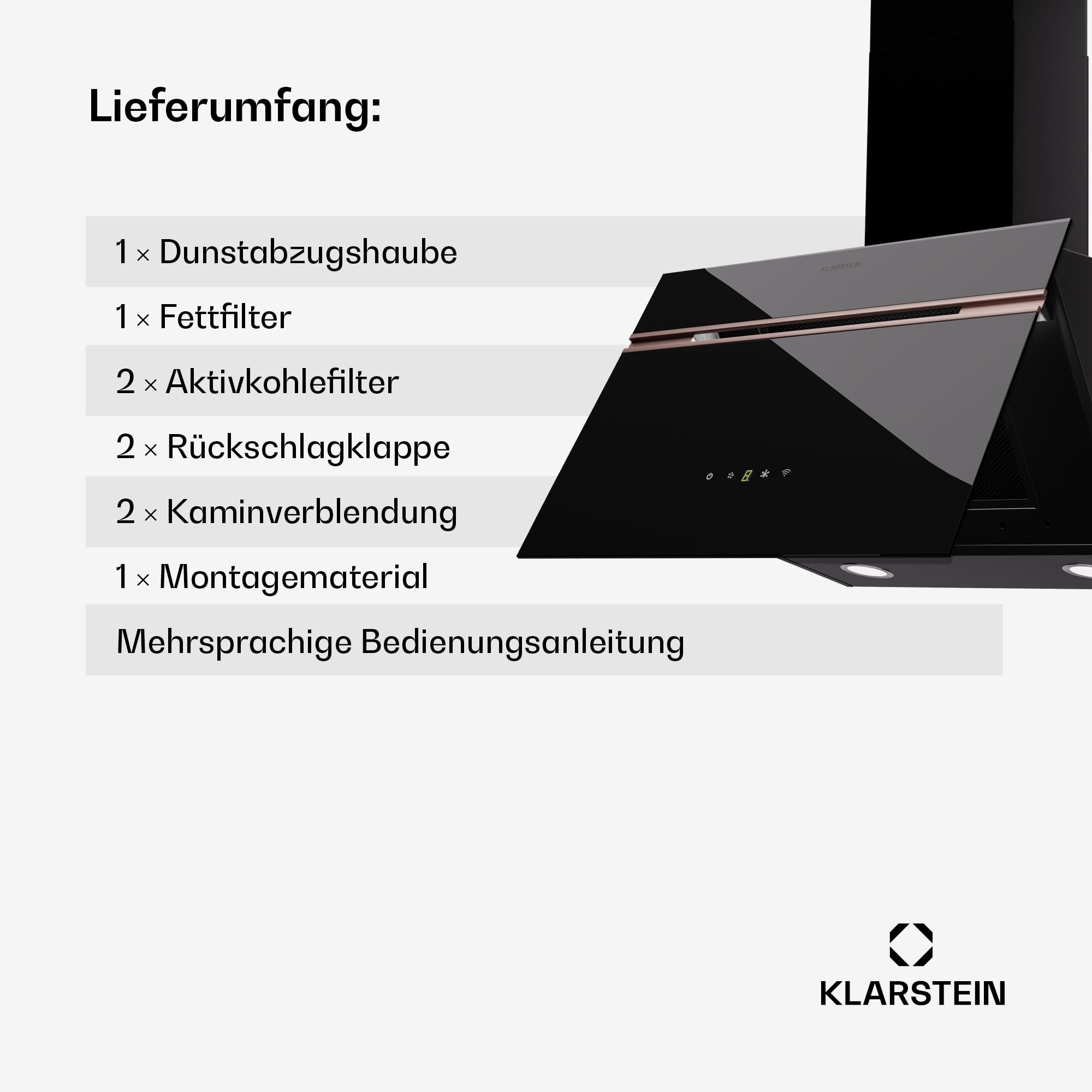 Klarstein Alina 90 Angled Cooker Hood - 600m³/h Air Flow, Touch Panel, LED Backlighting, Quiet 63dB, Energy Class A, 90cm Extractor Hood, Black