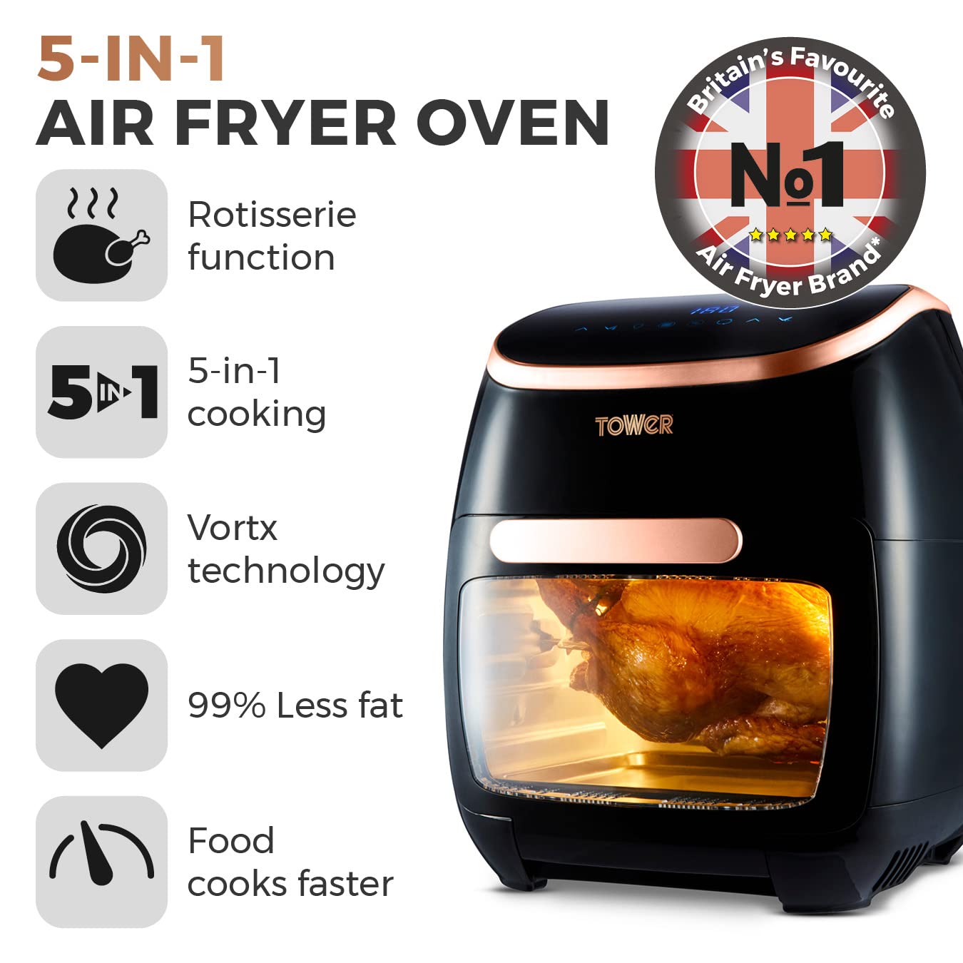 Tower T17122 Vortx Platinum Xpress Digital 30L Air Fryer Oven with Vizion Viewing Window, 18 Cooking Options, 2 Hour Timer, 1800W, Black