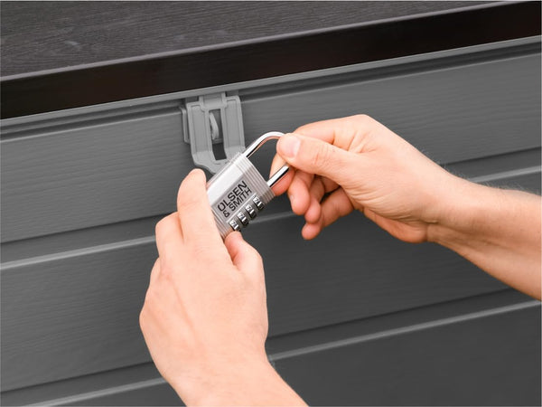 Olsen & Smith 680L Large Garden Storage Box - Weather Resistant Heavy Duty Garden Box with Padlock & Wood Effect - Huge Capacity Outdoor Storage Chest for Tools, Cushions, Toys & More (Anthracite)