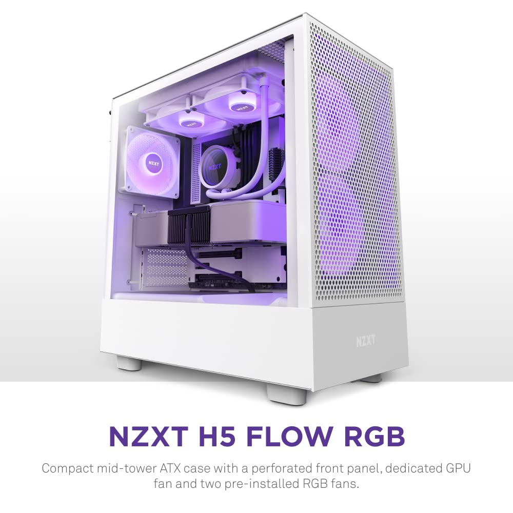 NZXT H5 Flow RGB - Compact ATX Mid-Tower PC Gaming Case - High Airflow - F360 RGB Core (CV) Included - 360mm Front & 240mm Top Radiator Support - Cable Management - Tempered Glass - White