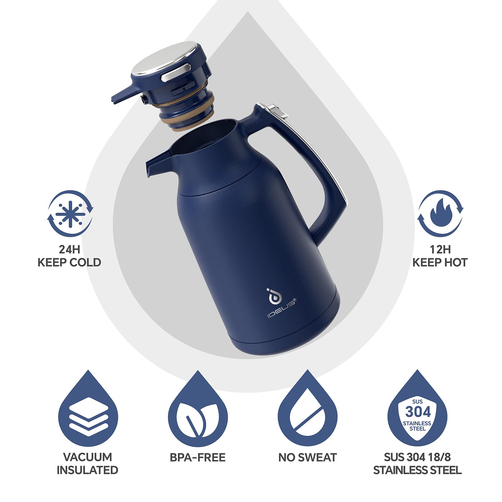 IDEUS Vacuum Insulated Coffee Carafe, 68 oz (2 Liters) Stainless Steel Milk Jug Thermal Tea Pot Hot & Cold Water Beverage Dispenser (Blue)