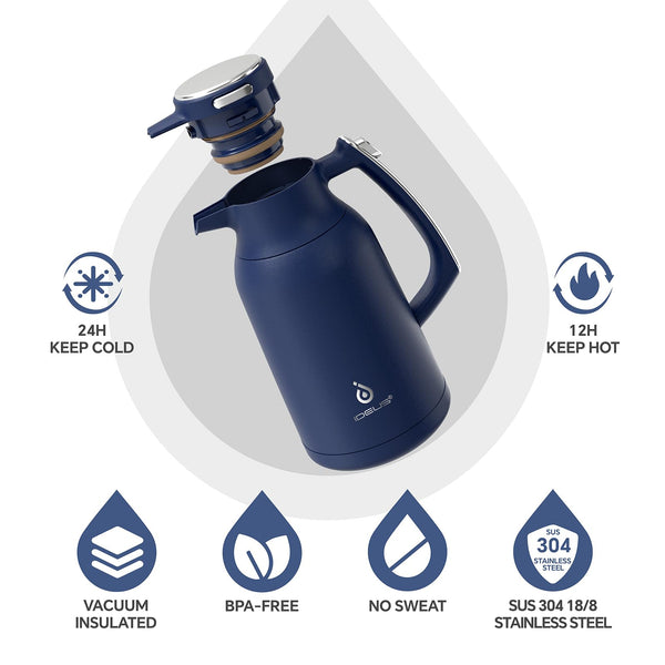IDEUS Vacuum Insulated Coffee Carafe, 68 oz (2 Liters) Stainless Steel Milk Jug Thermal Tea Pot Hot & Cold Water Beverage Dispenser (Blue)
