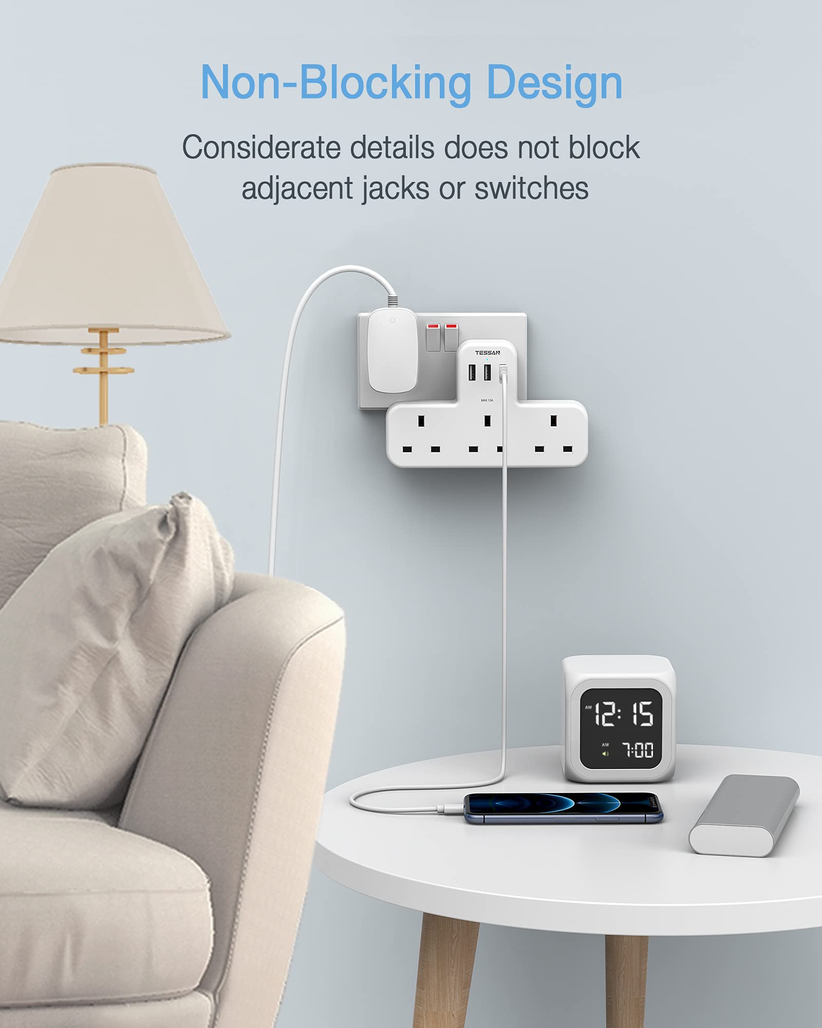 Plug Adapter, TESSAN Plug Extension Socket with 3 USB, 3 Way UK Multi Outlets Extender, Wall Charger for School Home, Kitchen, Office, School Supplies