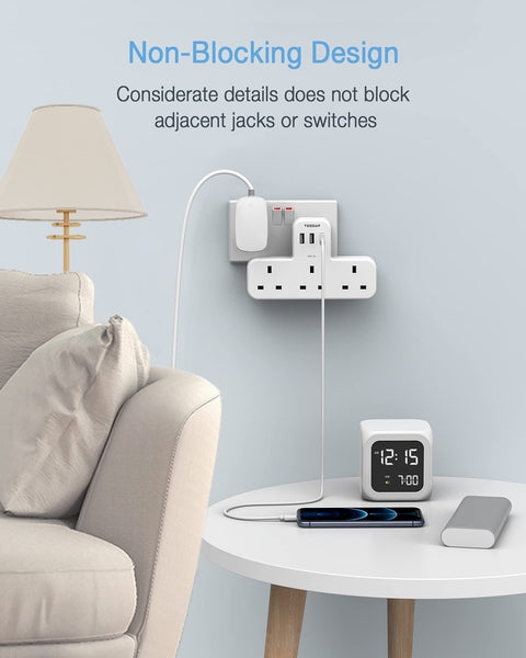 Plug Adapter, TESSAN Plug Extension Socket with 3 USB, 3 Way UK Multi Outlets Extender, Wall Charger for School Home, Kitchen, Office, School Supplies