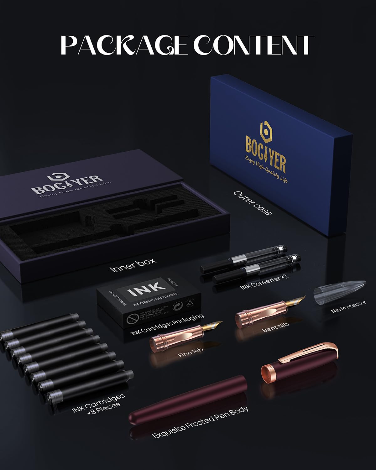 BOCIYER samurai Fountain Pen Set,Hand Polished Medium Titanium Tip,Calligraphy Nib(Bent Nib),Includes 8 Ink Cartridges,Ink Refill Converter*2 And Gift Box,Best Pen Gift Set for Men & Women(Black)