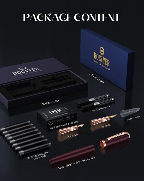 BOCIYER samurai Fountain Pen Set,Hand Polished Medium Titanium Tip,Calligraphy Nib(Bent Nib),Includes 8 Ink Cartridges,Ink Refill Converter*2 And Gift Box,Best Pen Gift Set for Men & Women(Black)