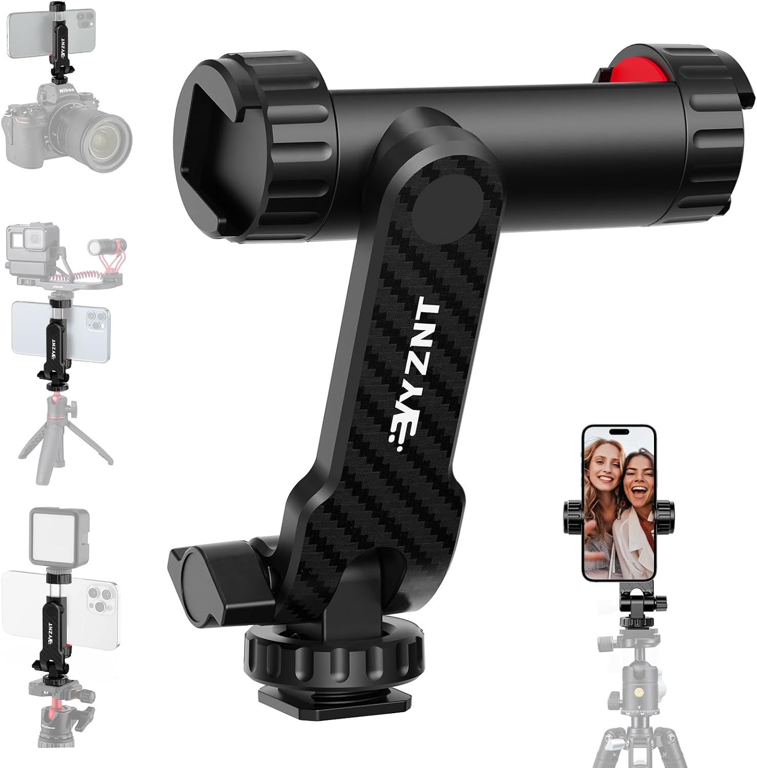YZNT Phone Tripod Mount, Universal Smartphone Holder with 2 Cold Shoe Mount Adapter and 1/4" Standard Screw Thread, 360°Rotation & 180°Tilt Phone Clamp Compatible with iPhone & Android for Photography