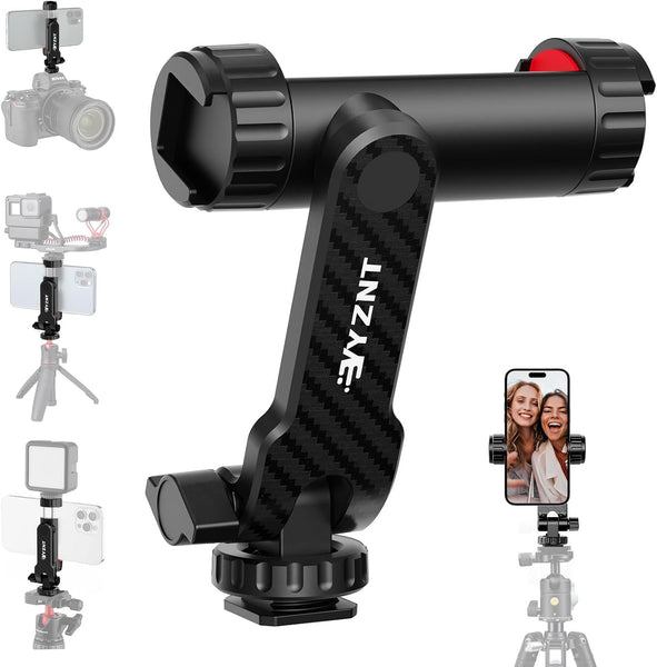 YZNT Phone Tripod Mount, Universal Smartphone Holder with 2 Cold Shoe Mount Adapter and 1/4" Standard Screw Thread, 360°Rotation & 180°Tilt Phone Clamp Compatible with iPhone & Android for Photography