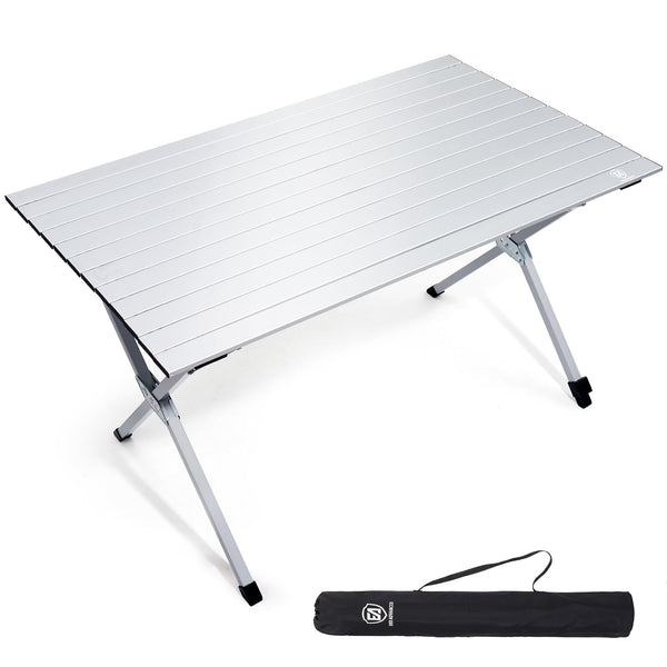 EVER ADVANCED 120X70CM Folding Camping Table with Slatted Top, Aluminium Roll Up Table Height Adjustable, Fold Up for 4-6 People, Folding with
