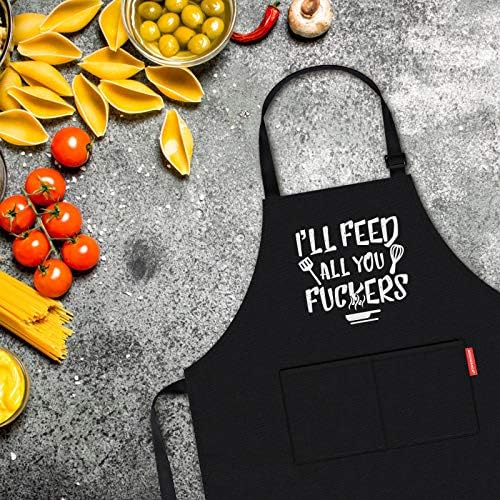 APRONPANDA I'll Feed All You - Funny Black BBQ Chef Aprons for Men Women with 2 Pockets - Gifts for Men, Birthday Gifts for Husband, Son, Boyfriend- Kitchen Cooking Grilling Apron