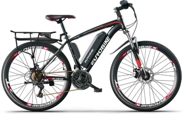 Eurobike EMTB 26 Inch Wheel Electric Mountain Bike with 27 Speeds, Dual Disc Brakes, Lightweight Aluminium Frame, and Front Suspension E-Bike E9, Black