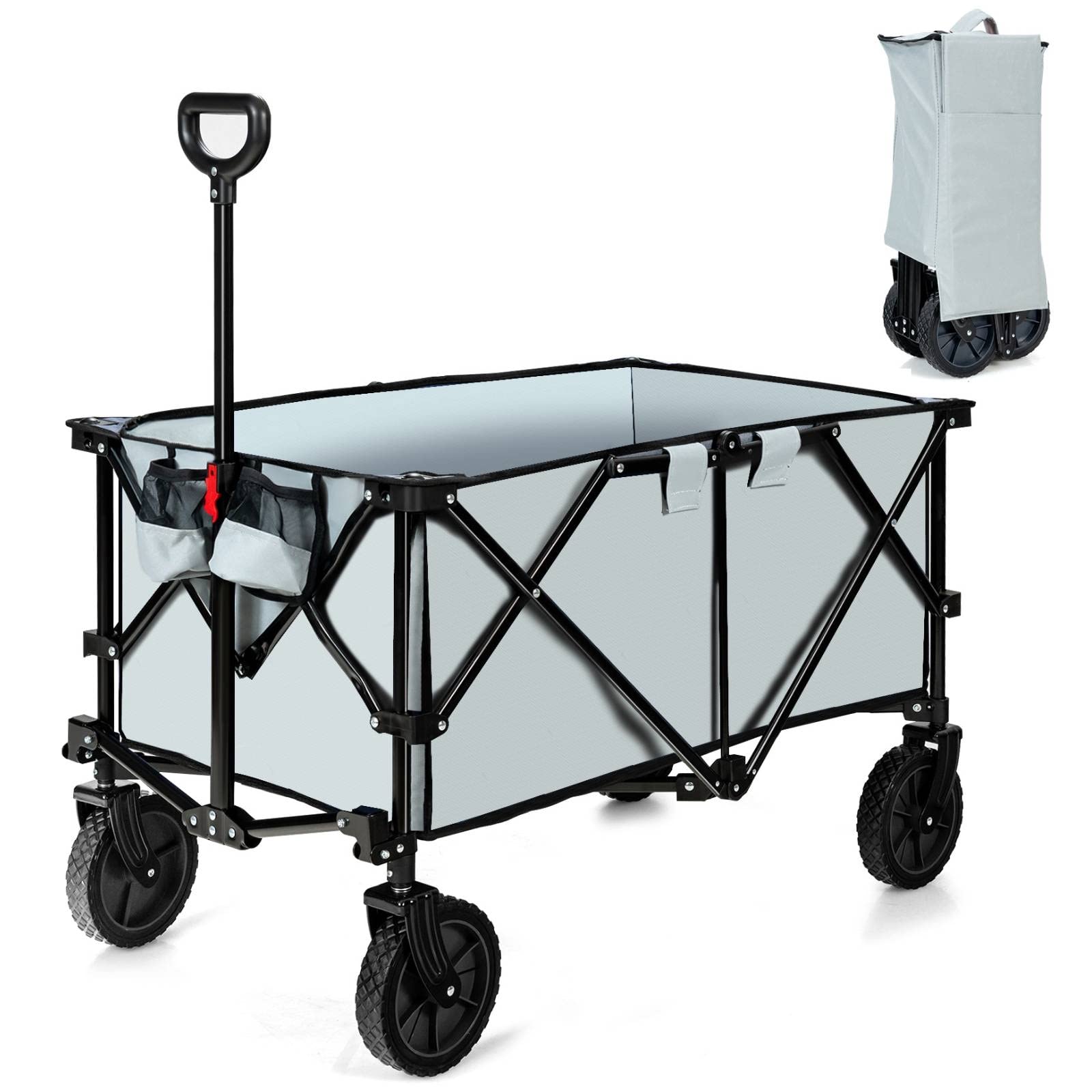 COSTWAY Folding Camping Wagon, Collapsible Beach Garden Trolley with Cup Holders and Adjustable Handle, Canvas Transport Utility Cart for Shopping Gardening Sporting Events (Navy Blue)