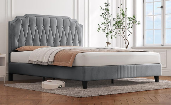 Yaheetech 5ft King Bed Frame Upholstered Platform Bed with Adjustable Button Tufted Headboard/Velvet Fabric/Sturdy Wooden Slat Support/No Box Spring Needed, Dark Grey King Bed
