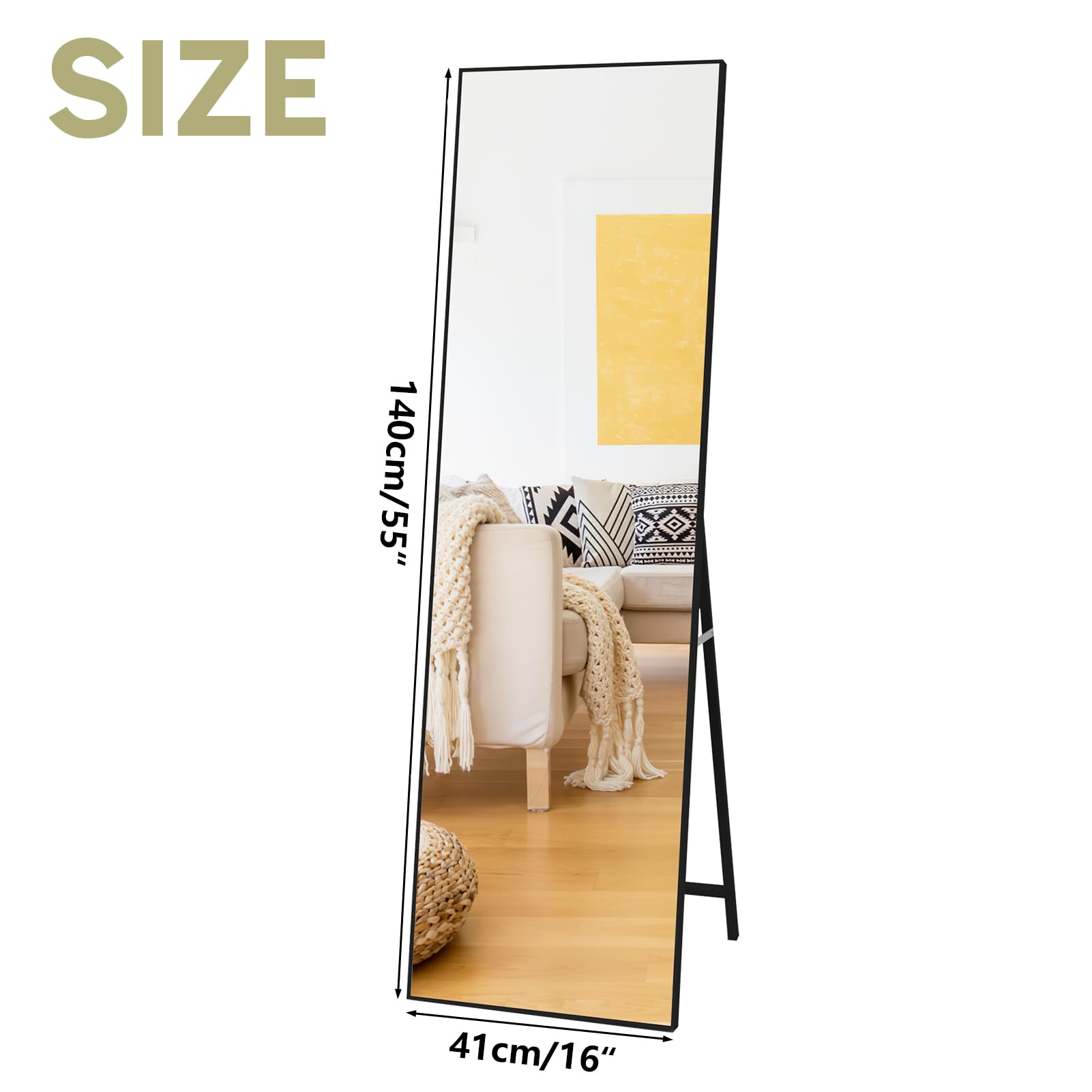 Hoikwo Standing Mirror 55.12x16.15 inches,Full Length Mirrors 140x41cm with Black Frame for Bedroom, Living Room or Bathroom
