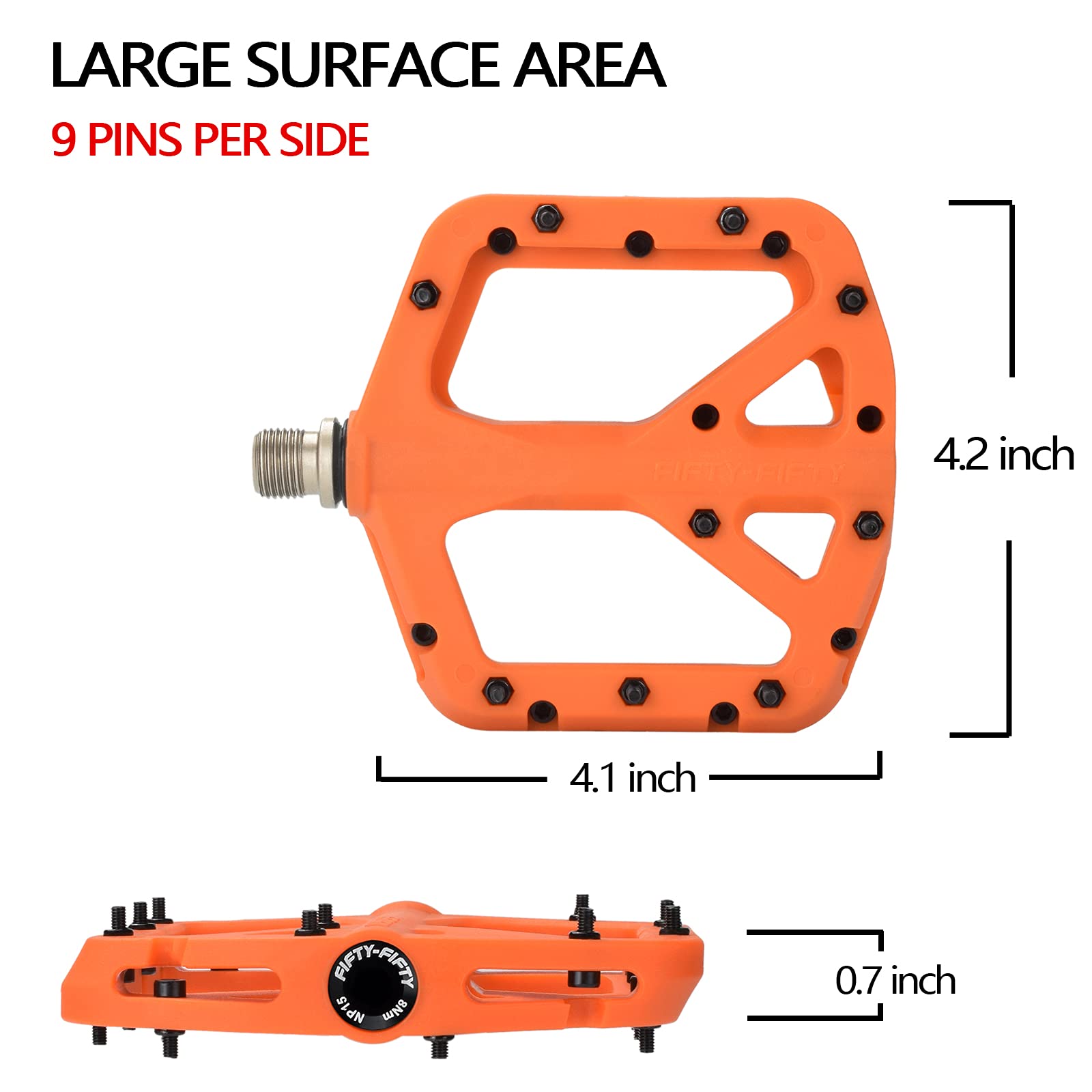 FIFTY-FIFTY Mountain Bike Pedals, Non-Slip MTB Nylon Composite, 9/16" Bicycle Pedals, Lightweight and Wide Flat Platform (Orange)
