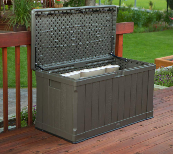 LIFETIME Plastic Wood Grain Textured Storage Box Desert Sand/Grey, 151x72x69 cm