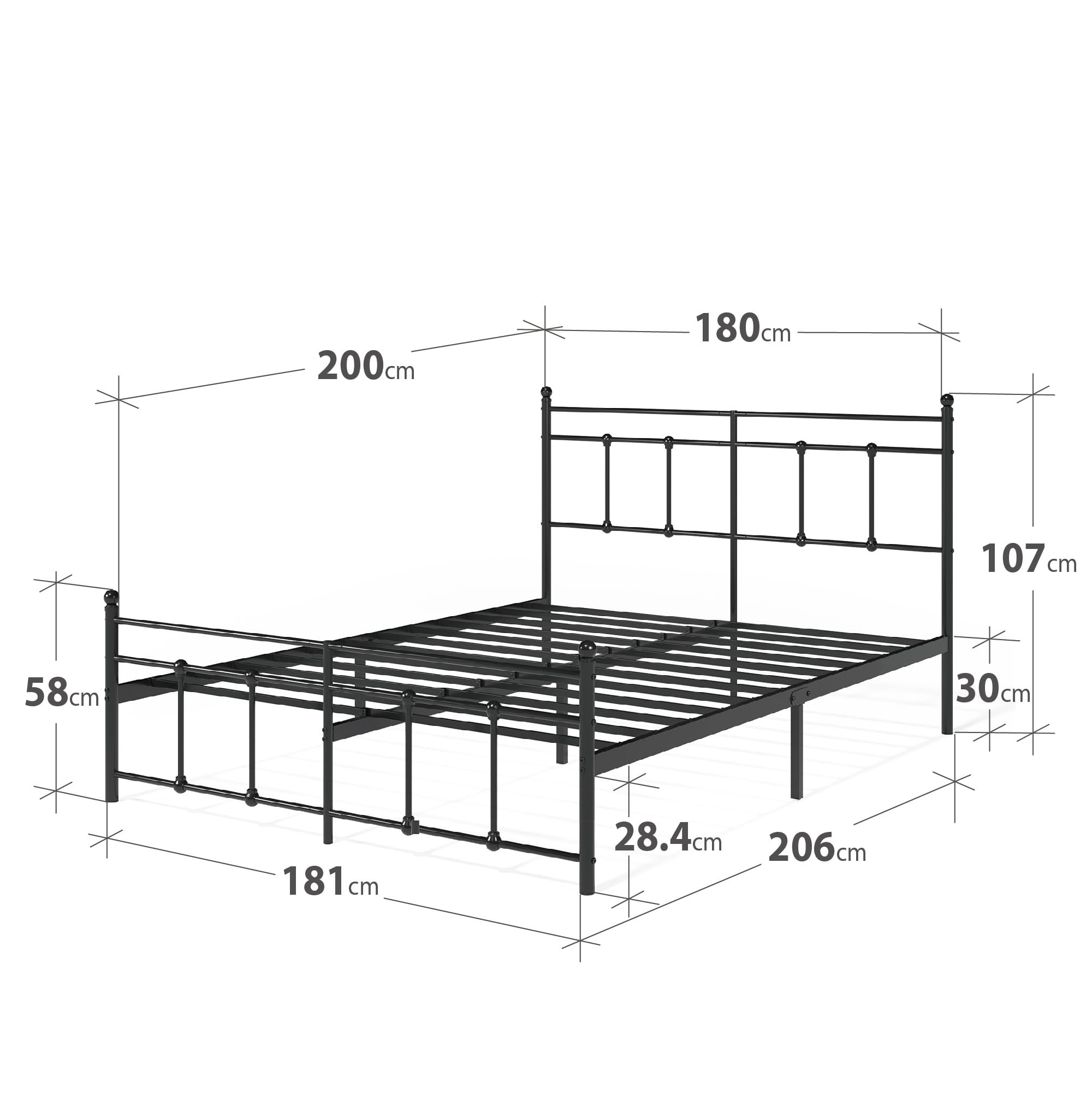 Zinus Nicholas Super King Bed Frame - Bed 180x200 cm - 30 cm Height - Metal Platform Bed Frame with Headboard and Footboard - Black
