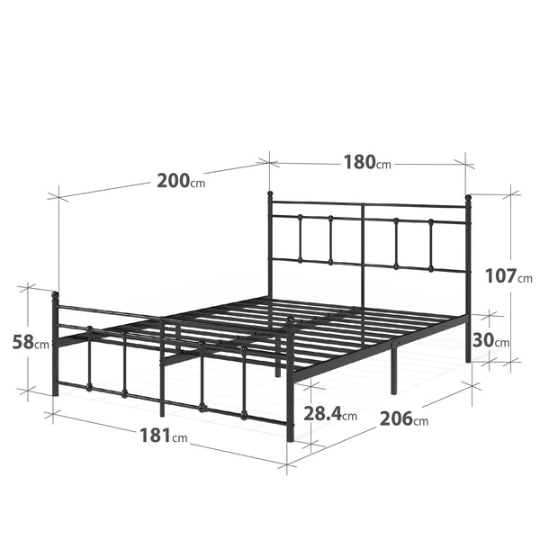 Zinus Nicholas Super King Bed Frame - Bed 180x200 cm - 30 cm Height - Metal Platform Bed Frame with Headboard and Footboard - Black