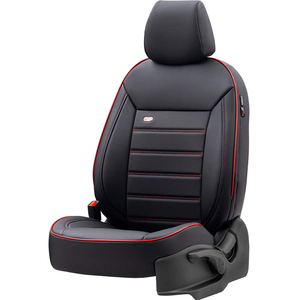 otoM Universal Full-Leather Seat cover set 'Premium' Black + Red trim - 11-pieces - compatible with Side-Airbags