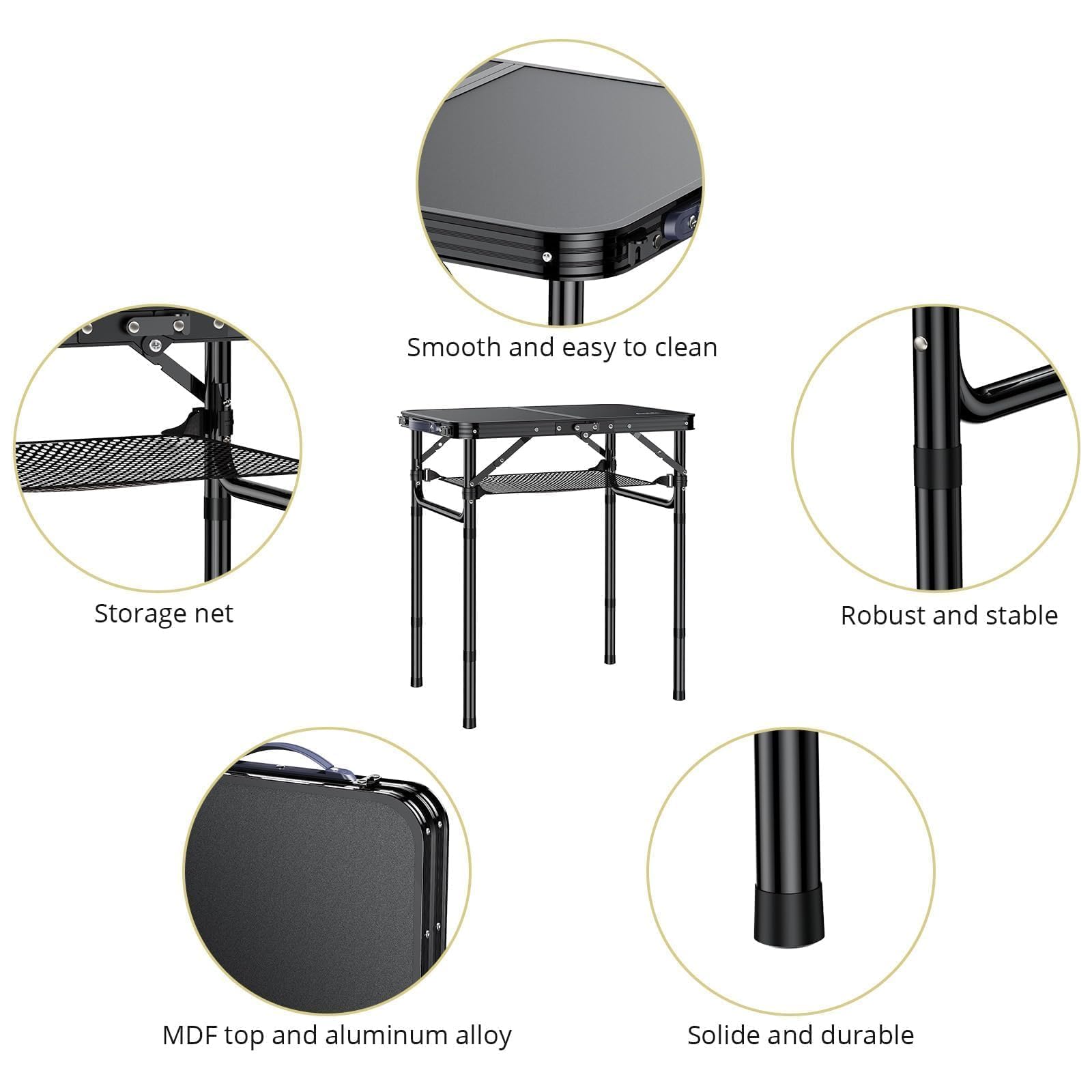 Anbte Folding Camping Table with Storage Net, Aluminum Small Folding table Adjustable Height Max 67 cm Pure Black 59cm x 40cm Outdoor Table,